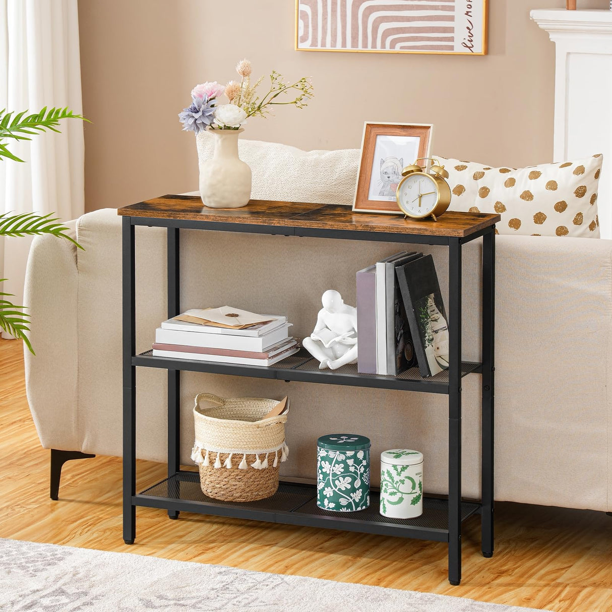 HOOBRO 29.5" Narrow Console Table, 3-Tier Entryway Table, Thin Sofa Table with Shelves, Side Table, Display Table, for Hallway, Entrance, Living Room, Bedroom, Rustic Brown and Black BF73XG01 HOOBRO
