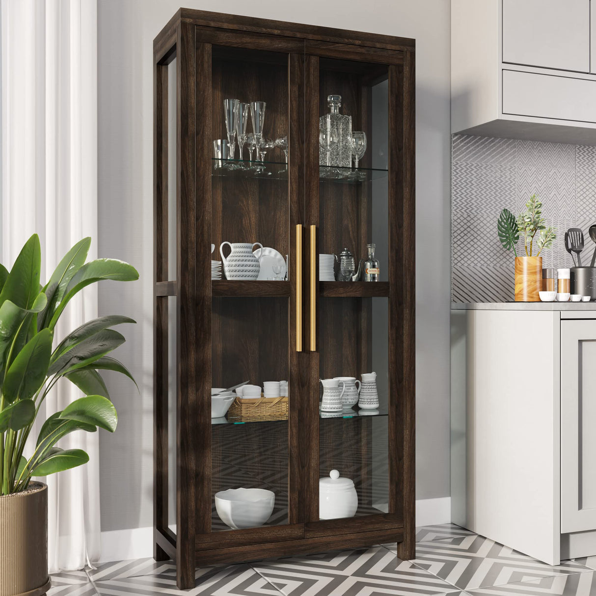 BELLEZE Storage Cabinet, Tall Bookshelf or Display Cabinet for Living Room Bedroom, Curio Cabinet with Tempered Glass Doors, Trophy Display Case, Storage/Organization - Avalon (Dark Walnut) BELLEZE