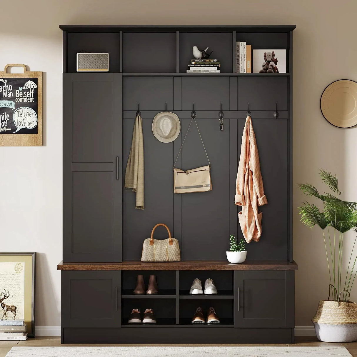 Merax Farmhouse Wood Hall Tree with Shoe Bench and 2 Drawers, 4-in-1 Coat Rack with 6 Hooks for Entrance, Hallway, Mudroom Black Merax