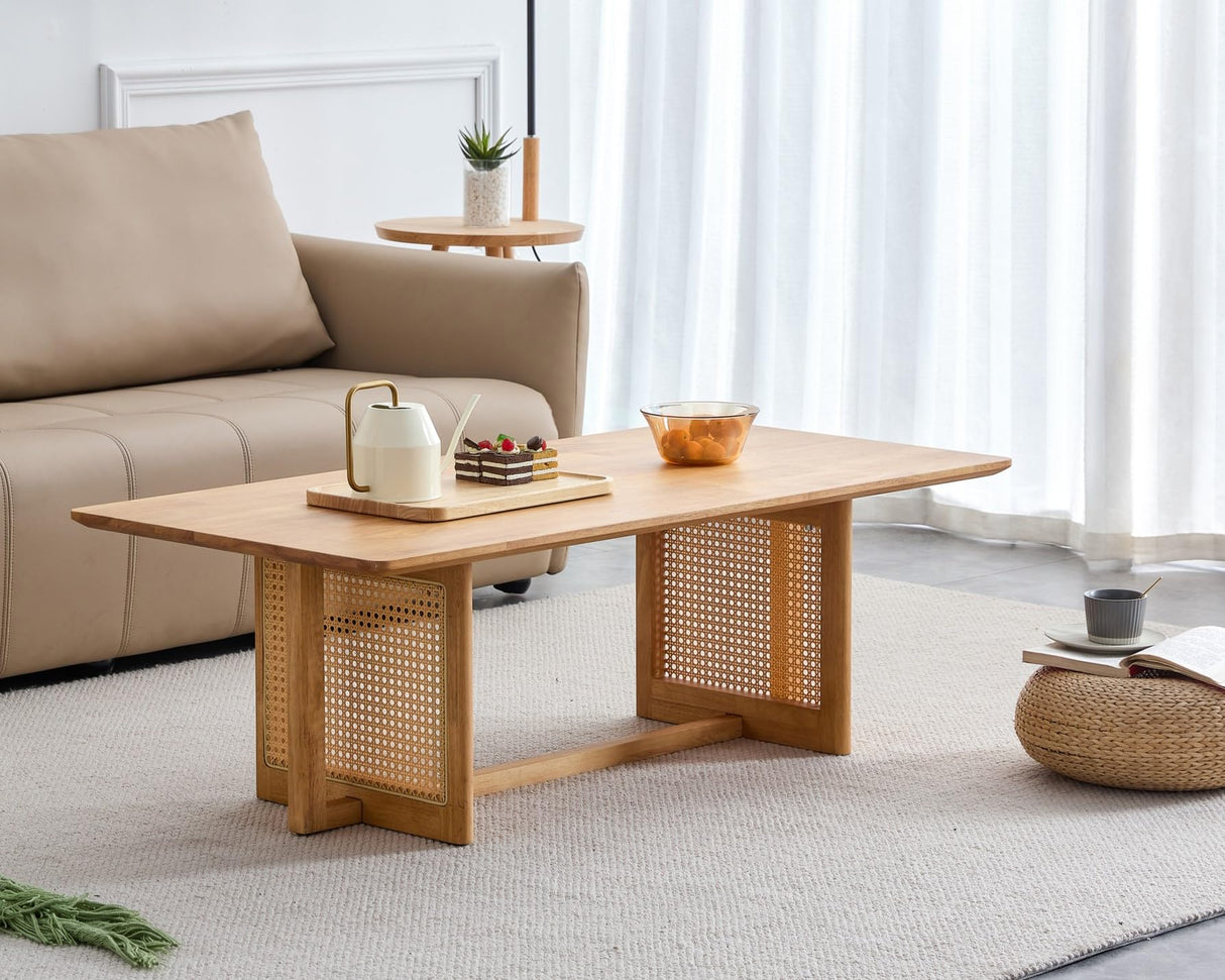 LKTART Modern Imitation Rattan Coffee Table Rectangular Solid Wood Table Top Cross Table Legs for Living Room Bedroom Office LKTART