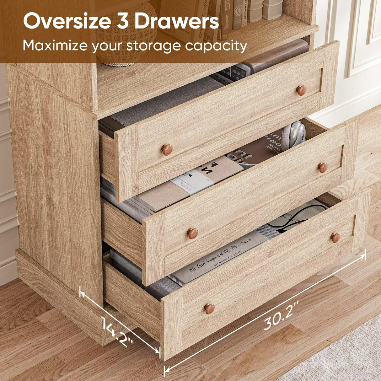 Vyre 71" Tall Farmhouse Bookshelves with Drawers, Set of 3 – Large Modular Bookcase with Adjustable Shelves, Storage Cabinet for Living Room, Kitchen, Home Office, Brown Vyre