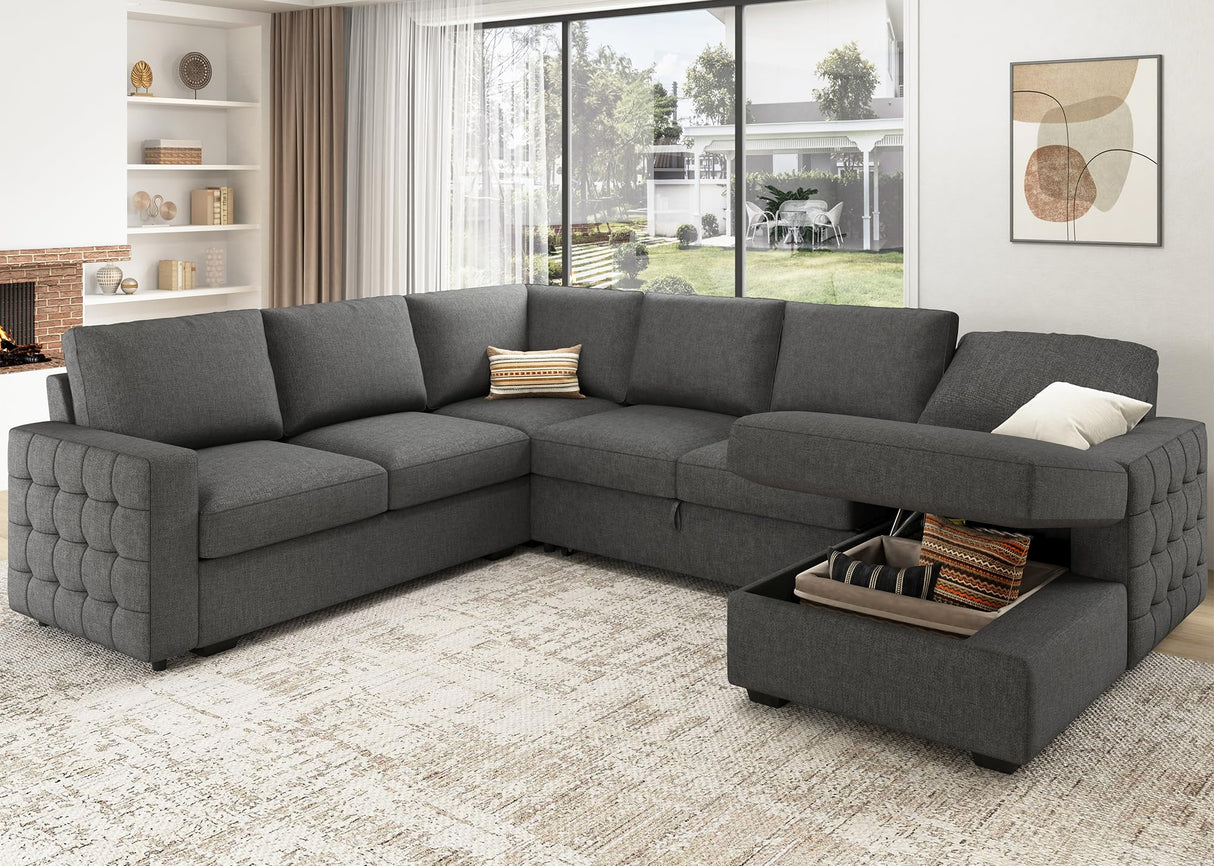 HONBAY Sectional Sleeper Sofa with Pull Out Bed U-Shape Sectional Couch Sleeper Bed with Storage Chaise 6 Seater Sleeper Sectional Sofa Bed, Light Grey HONBAY
