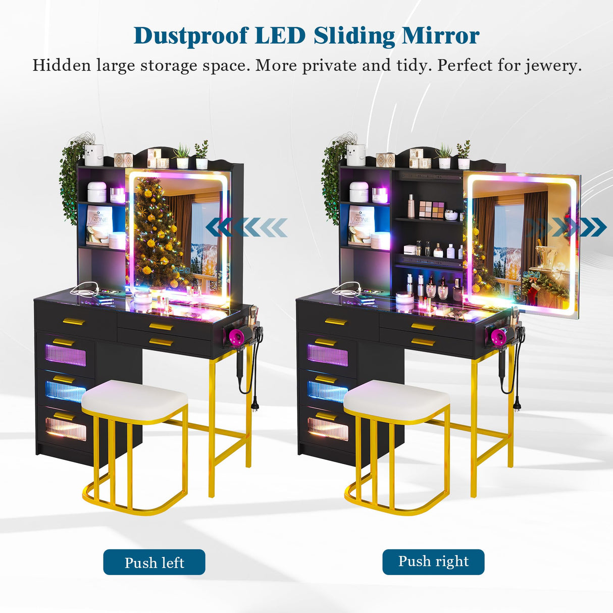 WOOVIVS RGB Vanity Desk with Sliding Mirror and Lights, LED Makeup Vanity with Charging Station/Motion Sensor Light, Glass Top Vanities Dressing Table Set with Jewelry Box,6 Drawers,Stool (Black) WOOVIVS