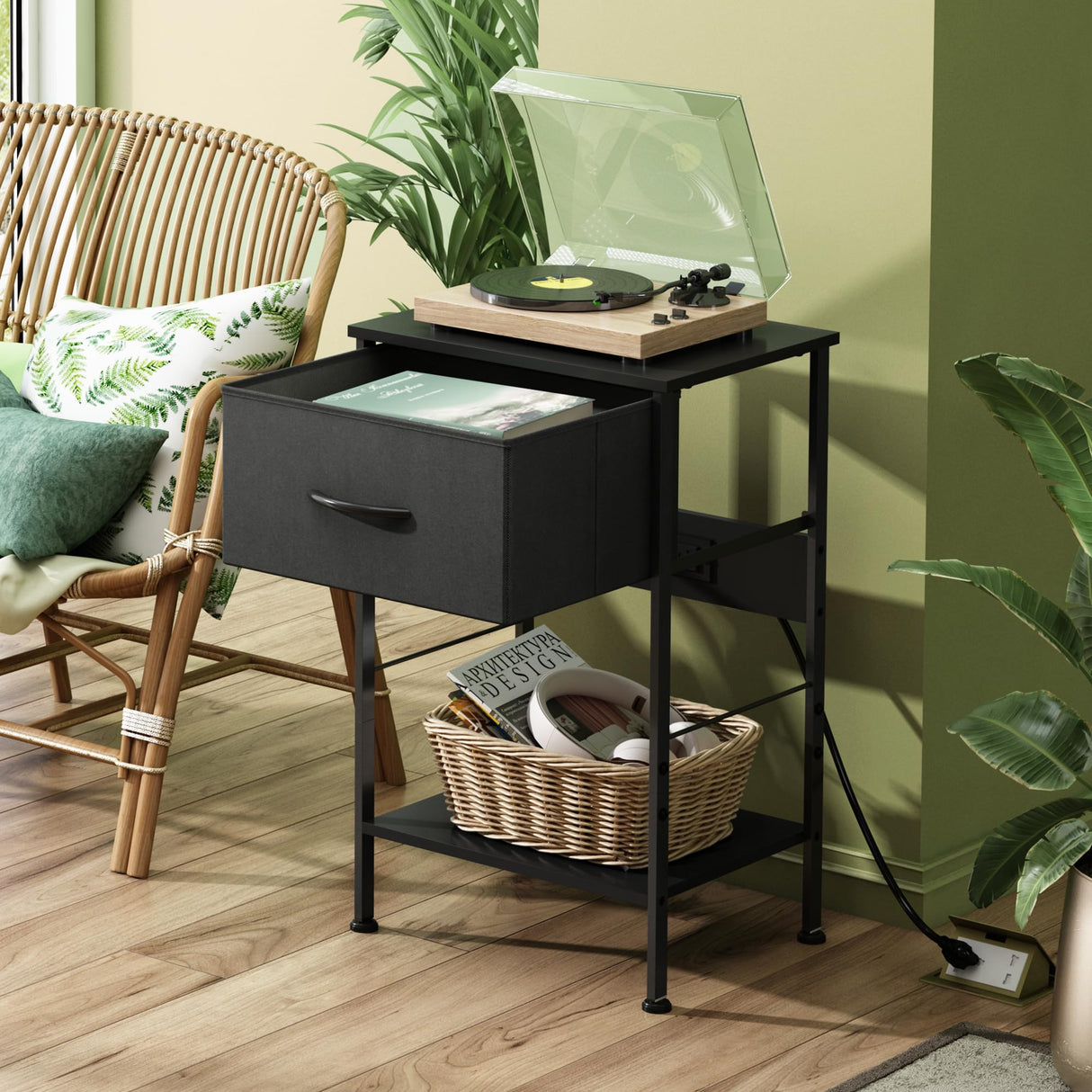 WLIVE Night Stand with Charger Station, Small Nightstand with 1 Fabric Drawer and Open Wood Shelf, 25" H Bedside Table for Bedroom, 2-Tier Storage Side Table for Dorm, Entryway, Black WLIVE