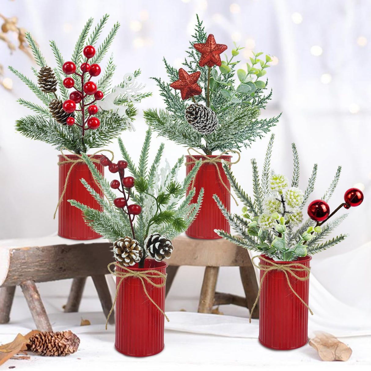 Succwoah 4 Pcs Christmas Centerpiece Table Decorations Artificial Potted Plants Floral Arrangement with Red Berries Pinecones Stars Balls for Home Desktop Farmhouse Party Decor Succwoah