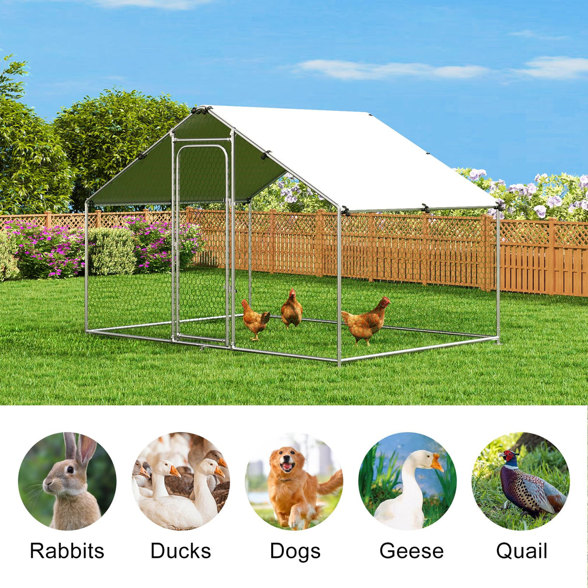 NGTEEN Large Metal Chicken Coop, Chicken Pen Walk in Chicken Run for Duck Rabbit Habitat Flat Shaped Poultry Cage with Waterproof Cover for Outdoor Farm Use, Spire Roof (10' L x 4.9' W x 6.4' H) NGTEEN