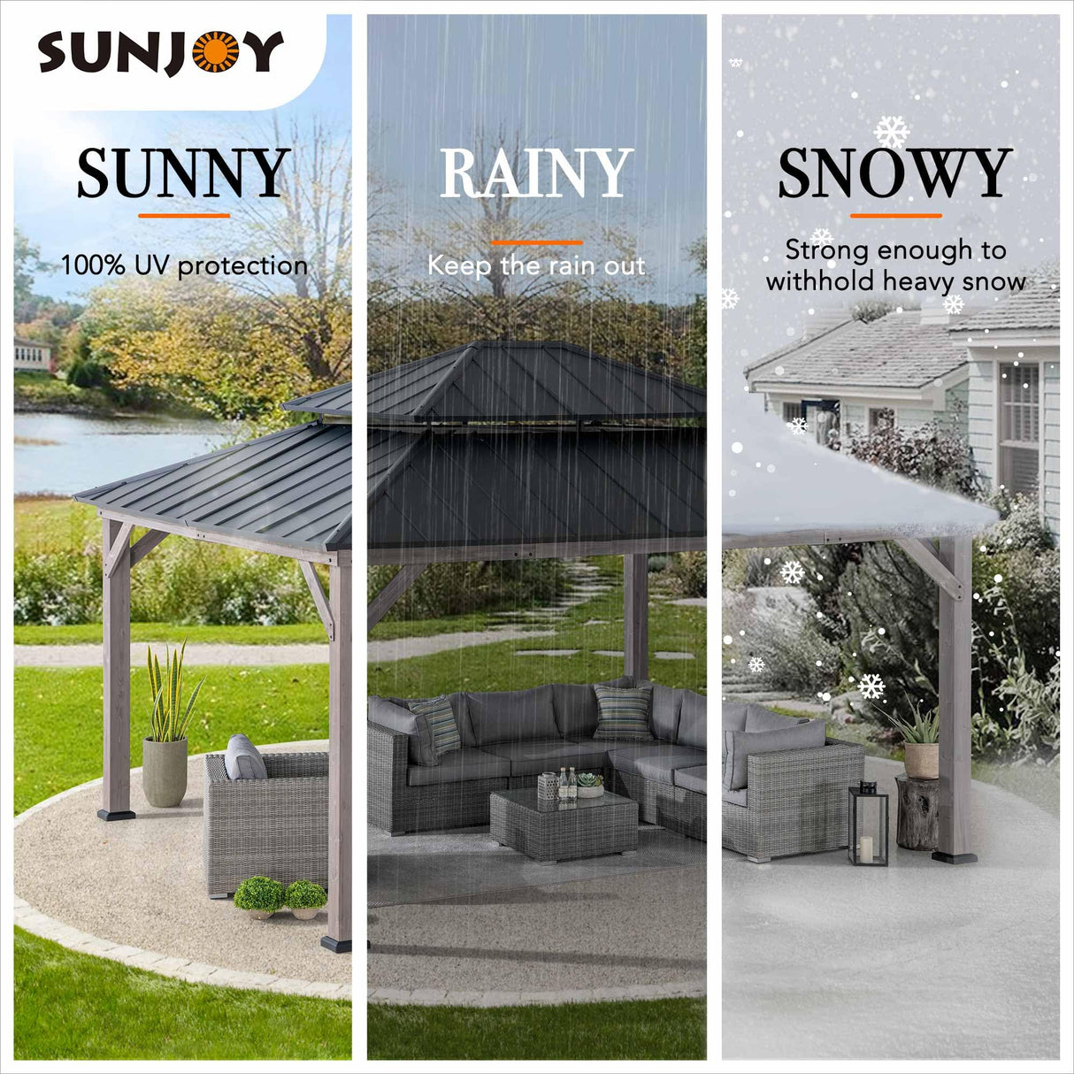 Sunjoy 13 x 15 ft. Wood Gazebo, Outdoor Patio Steel Hardtop Gazebo, Cedar Framed Wooden Gazebo with 2-tier Metal Roof, Suitable for Patios, Lawn and Backyard, Matte Black Roof + Gray Wood Frame Sunjoy