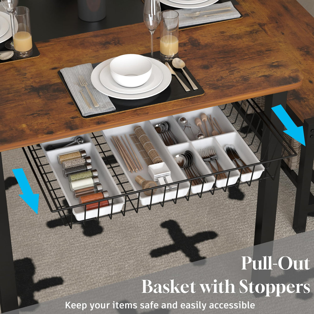 NAIYUFA Dining Table Set for 4-6 People,Industrial Dining Table with 2 Benches and 2 Chairs,Kitchen Table Set with Storage Rack for Dining Room,Saving Space,Rustic Brown NAIYUFA