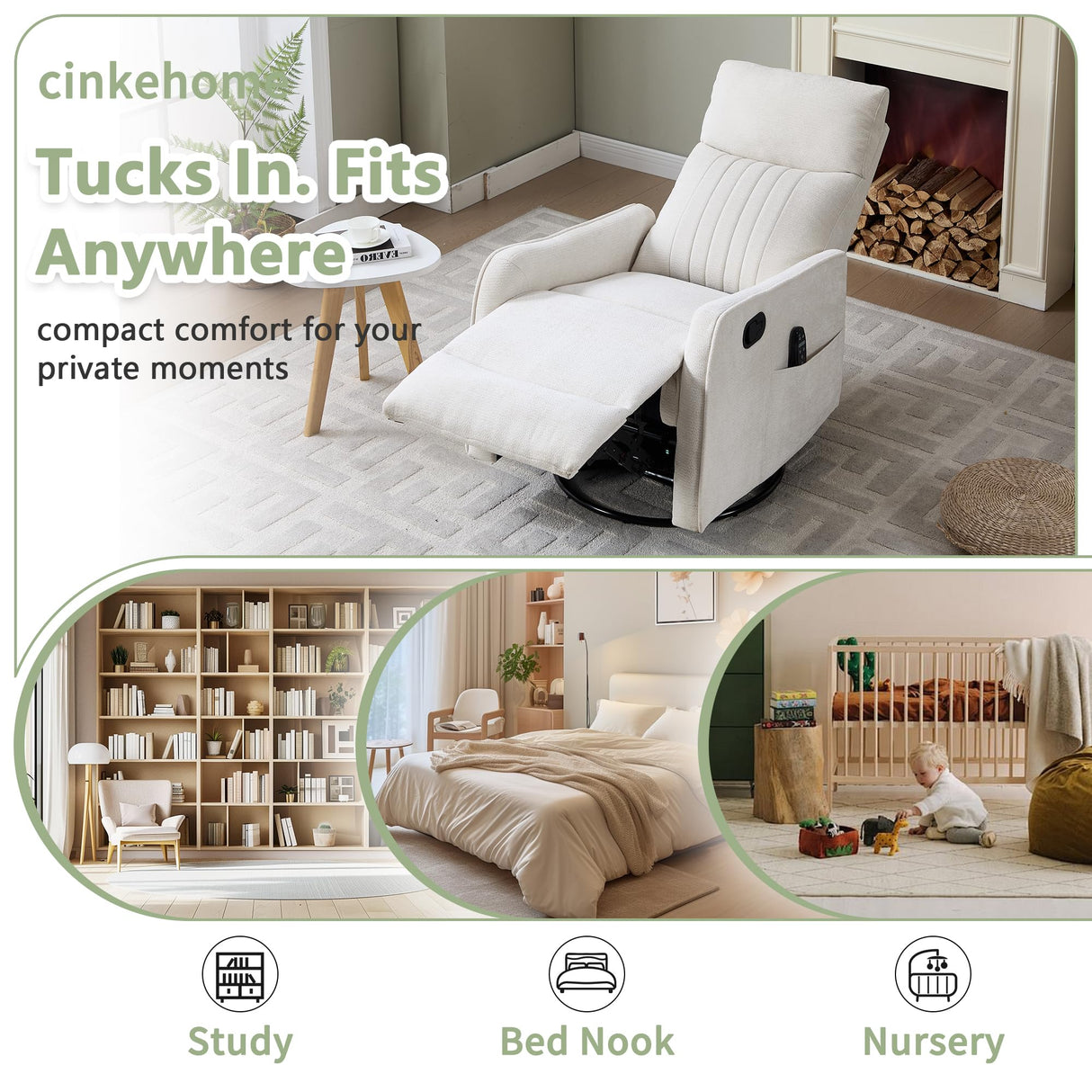 cinkehome Swivel Rocker Recliner, Glider Rocking Recliner Chair for Nursery, Manual Reclining Chair with Heated Massage, Small Spaces, Living Room, Off-White Chenille cinkehome