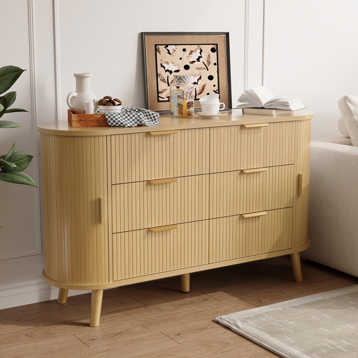 Decofy Fluted 6 Drawers Dresser, 55'' Wide Mid Century Modern Chest of Drawers with Sliding Door & Metal Handles, Curved Profile & Sturdy Legs, Wood TV Stand for Bedroom, Living Room (Natural Oak) Decofy