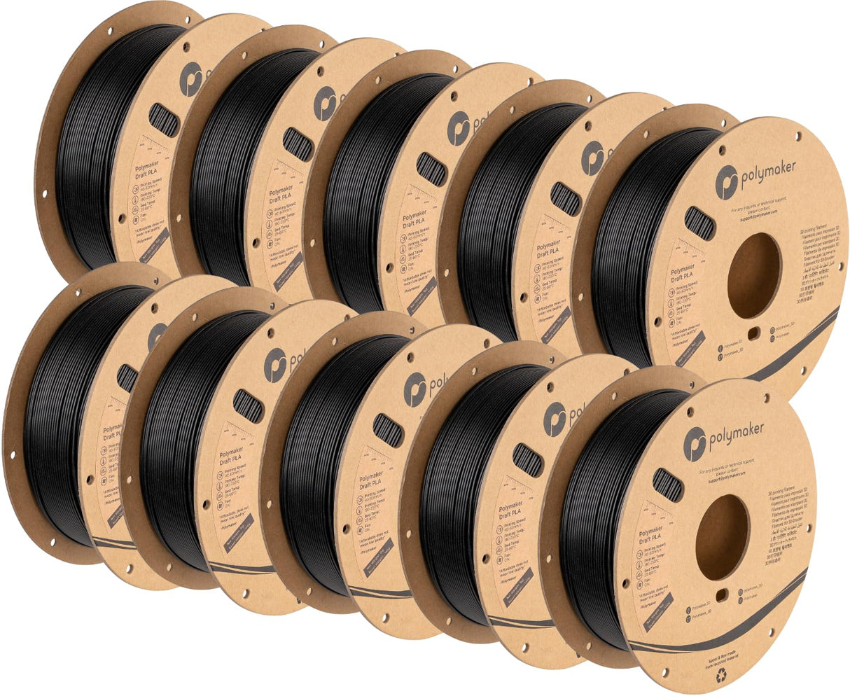 Polymaker Draft PLA 1.75mm 3D Printer Filament, Neatly Wound Cardboard Spool, Dimensional Accuracy +/- 0.02 mm, Fits Most FDM 3D Printers, 10 Pack 10kg Spool(10kg), Matte Black Finish POLYMAKER
