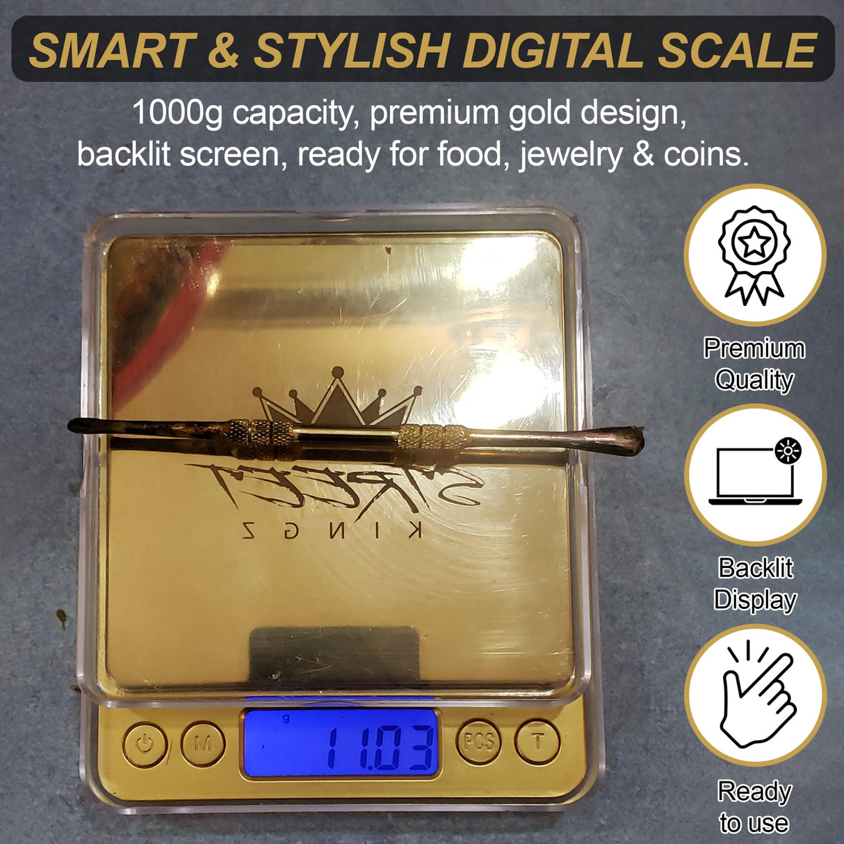 Street Kingz Gold Digital Jewelry Scale - High Precision 1000g Capacity Portable Food Scale with Multi- Unit Conversion & Piece Counting - Mini Scale Includes 2 Weighing Bowls Street Kingz