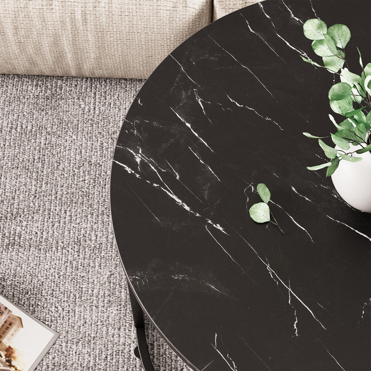 aboxoo Round Nesting Coffee Table Side Set of 2 End Tables for Living Room Bedroom Balcony,Black Faux Marble Wooden Table 23.6IN Accent Large Coffee Table with Steel Frame aboxoo