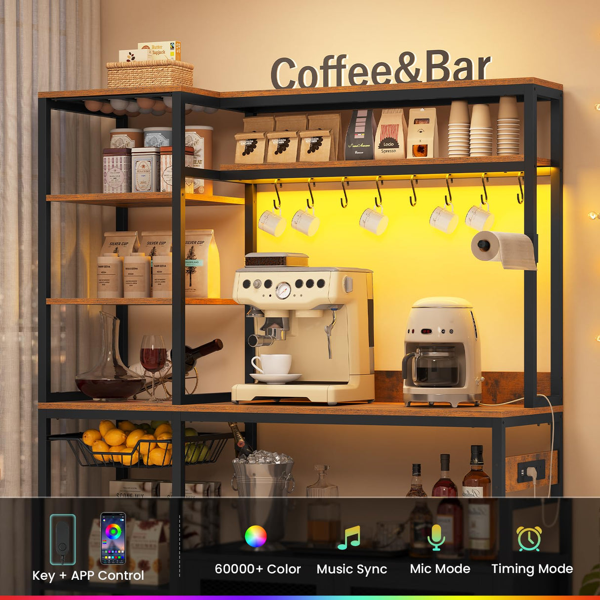 47.2 in Bakers Rack with Power Outlet & LED Light, Coffee Bar with Coffee Pod Holder for Vetuo, Kitchen Microwave Stand with Storage Shelves, Paper Holder, Cabinet, Wire Basket, 8 Hooks (Rustic Brown) UPOSOJA