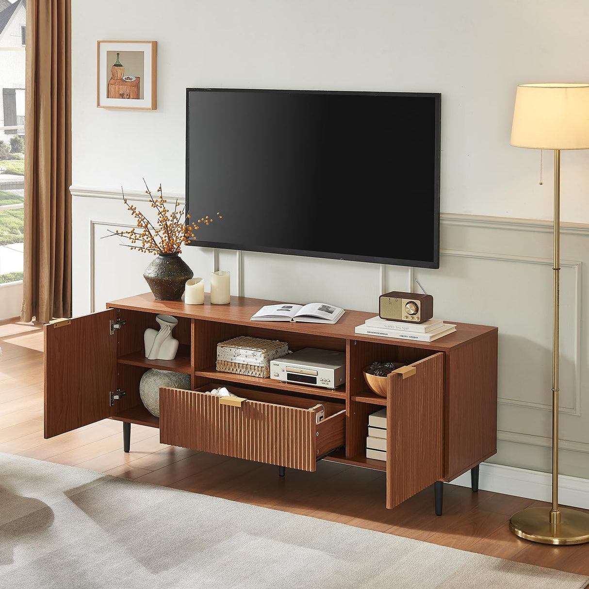 Okvnbjk Modern TV Stand for 65 Inch TV, Fluted TV Consoles for Living Room, Media Console with Soft Hinge & Drawer, Wood Entertainment Center with Storage, Mocha Okvnbjk