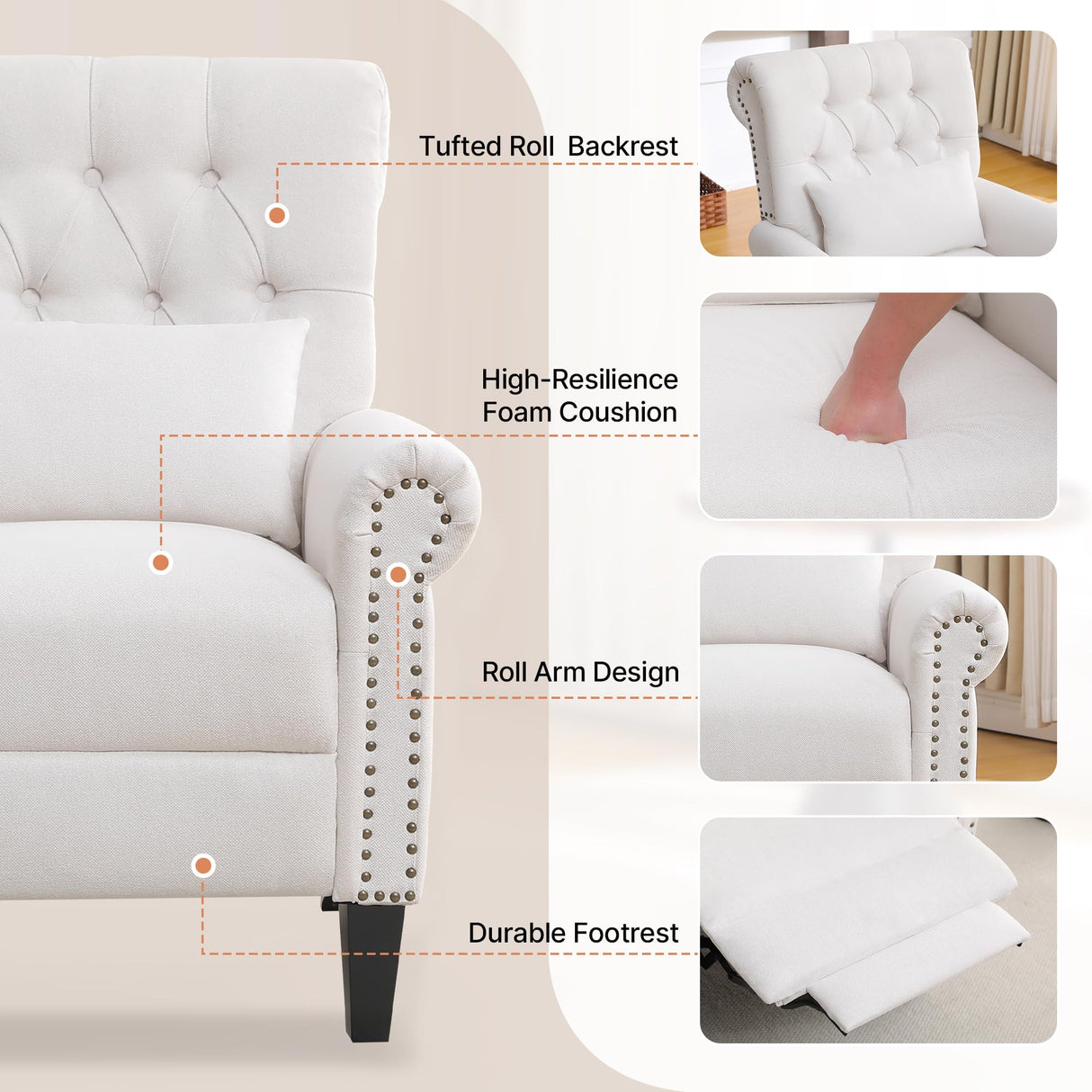 choairy Pushback Recliner Chair, Accent Push Back Chairs Set of 2 with Adjustable Footrest Wingback, Upholstered Linen Reclining Sofa with Side Pocket, Comfy Modern Armchair for Living Room, Beige choairy