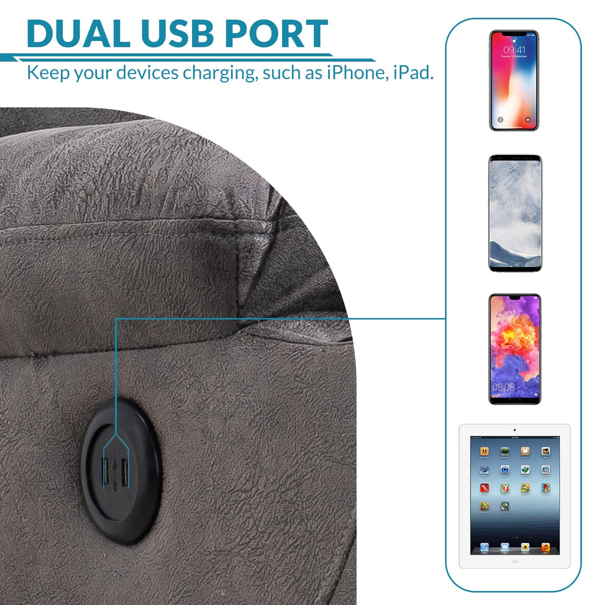 OUINCH Manual Swivel Glider Rocker Recliner Chair with Massage and Heat, 2 USB Ports, 2 Cup Holders, 2 Side Pockets and 2 Front Pockets, Bronze Suede Fabric (Grey) OUINCH