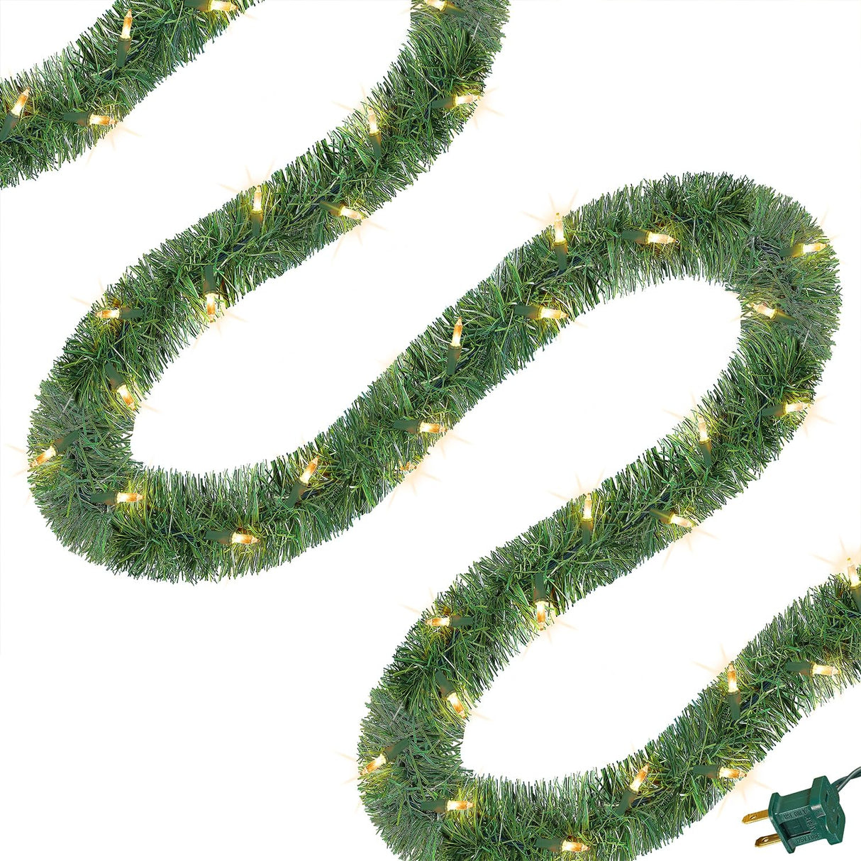 WATERGLIDE 49FT Lighted Christmas Green Garland with 100 Count Clear String Lights, Pre-lit Long Artificial Greenery Garlands, Plug in Holiday Decorative Lights for Indoor Outdoor Decor WATERGLIDE