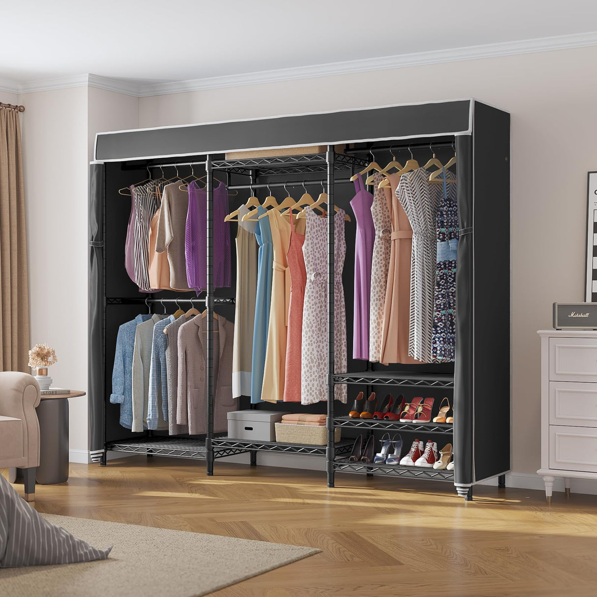 VIPEK V5C Heavy Duty Covered Clothes Rack Portable Bedroom Armoires Rack, Black Metal Clothing Rack with Black Cover, Adjustable Custom Freestanding Closet Wardrobe, Max Load 890LBS VIPEK