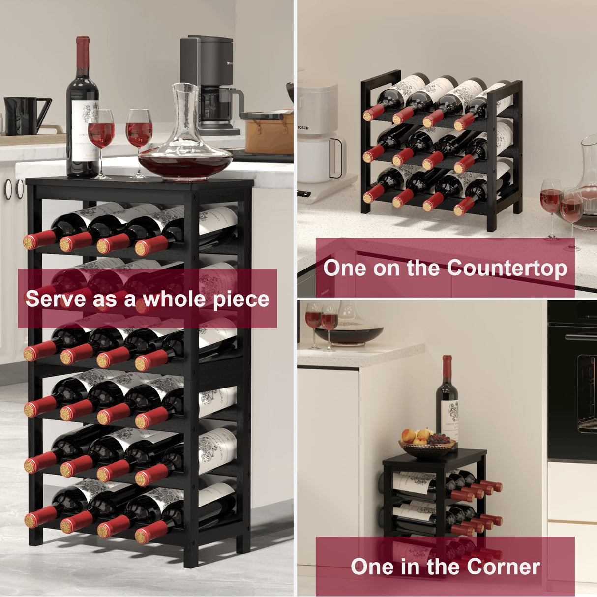MOGELAFOO 6 Tier Bamboo Wine Rack Freestanding Floor, 24 Bottles Wine Storage Shelves with Table Top, Stackable Wine Display Rack for Kitchen, Bar, Dining Room, Black MOGELAFOO