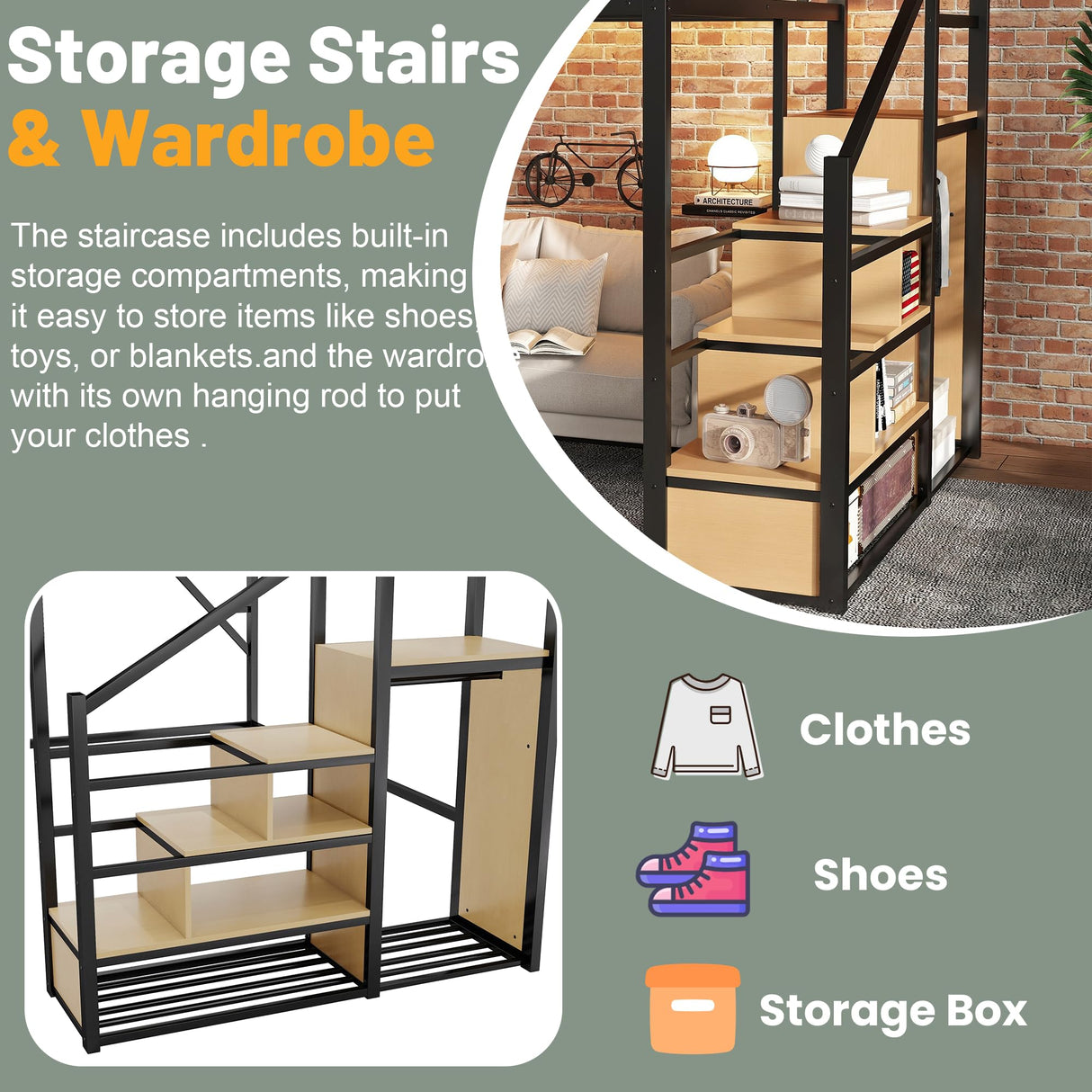 MoproBeti Queen Size Loft Bed Frame for Adults,Metal Lofts Bed Queen with Stairs & Storage Shelves, Heavy Duty High LoftBed with Wardrobe for Teens,Girls Boys, No Box Spring Needed, No Noise, Black MoproBeti