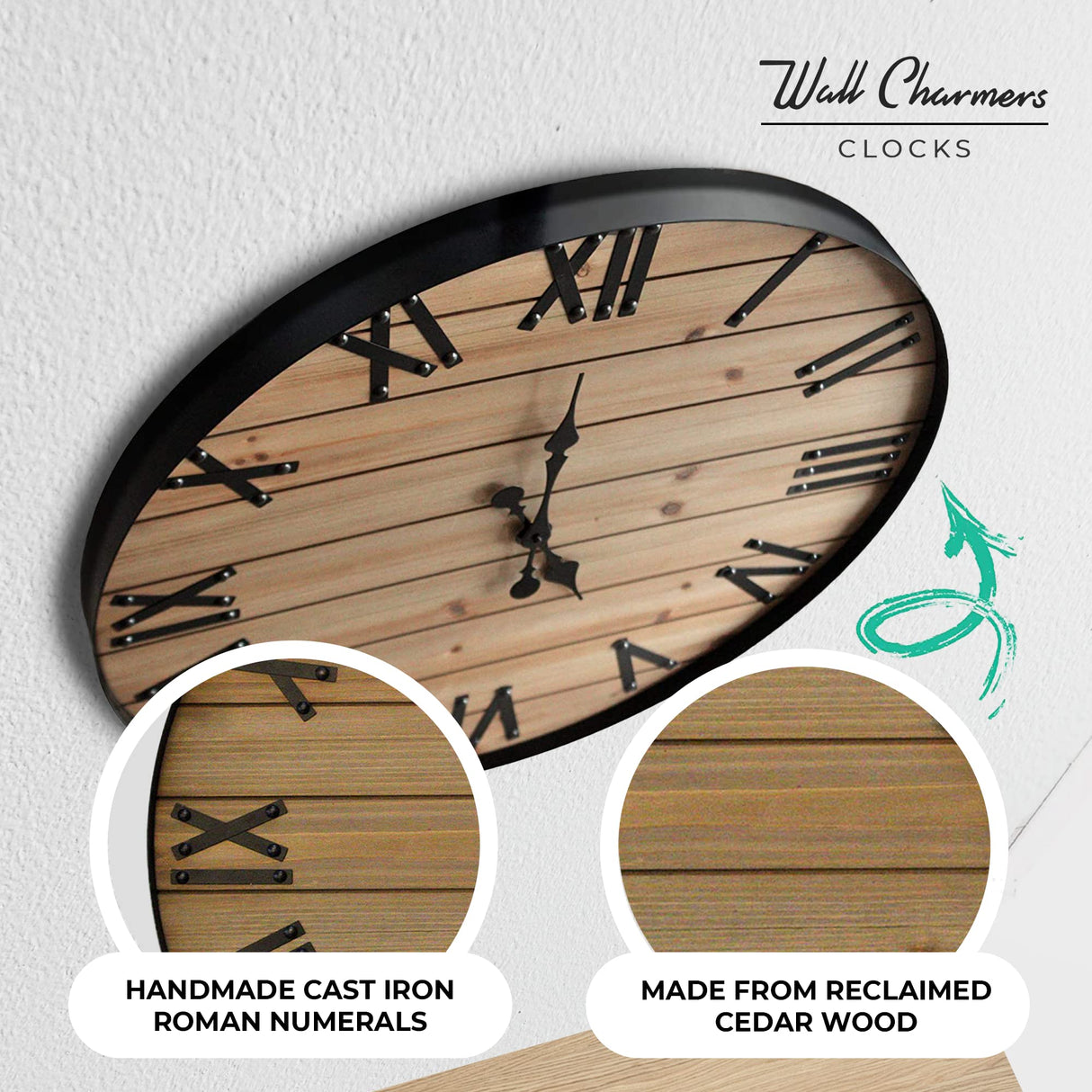 Wallcharmers Large Oversized Rustic Wall Clock, 24” | Handmade with Real Wood and Roman Numerals Wallcharmers