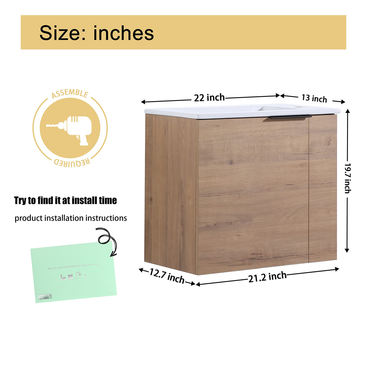 Malwee 22" Floating Bathroom Vanity with Sink, 22 Inch Single Sink Wall Mounted Bathroom Vanity, with 1 Door and White Ceramic Basin Sink Top (002-22) Malwee