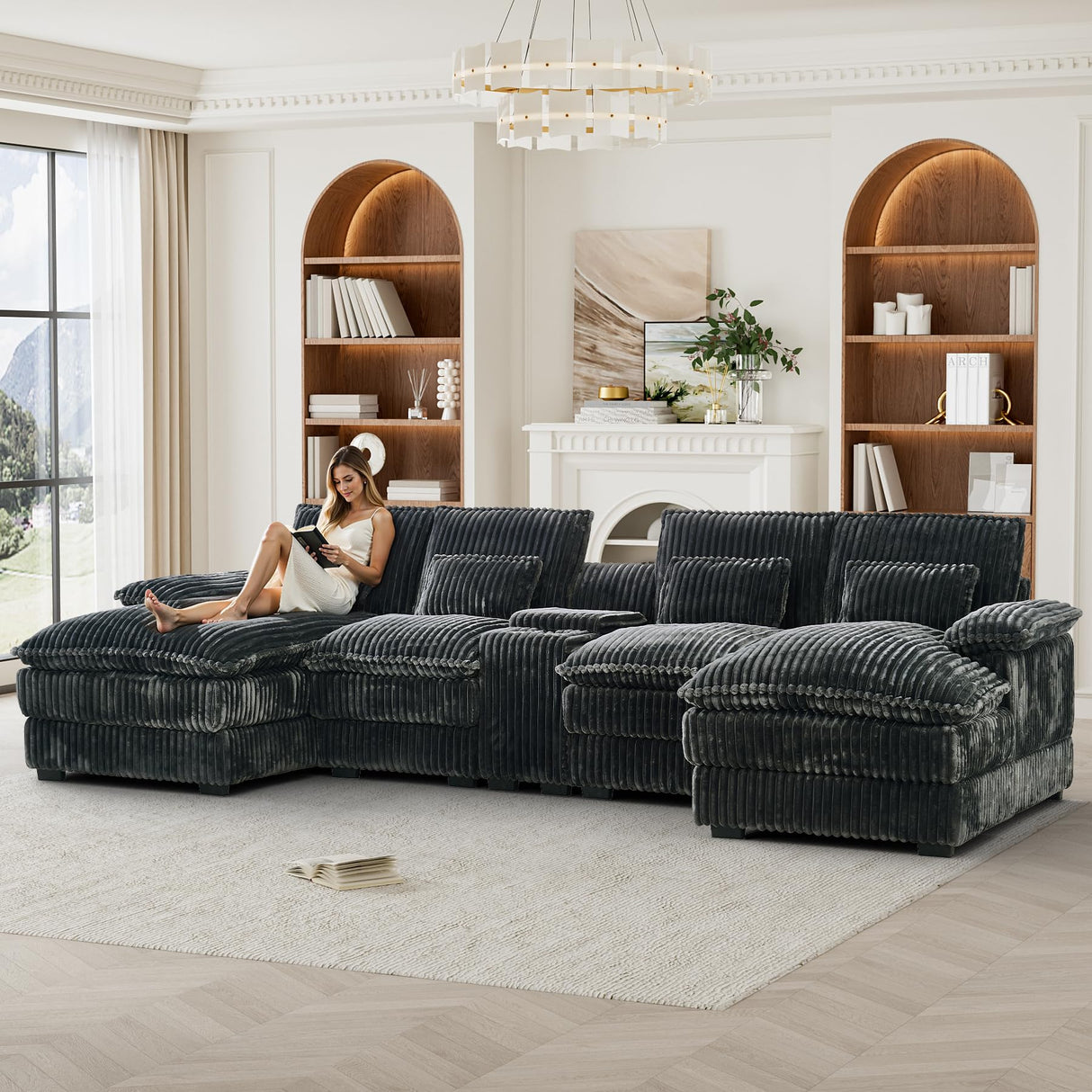 HYJT-H&K 124" U Shaped Cloud Couch Sectional, Comfy Fluffy Plush Corduroy Grey Sectional Couches for Living Room, Modern Modular Corduroy Couch Sectionals with Central Console & Double Chaise Lounge HYJT-H&K