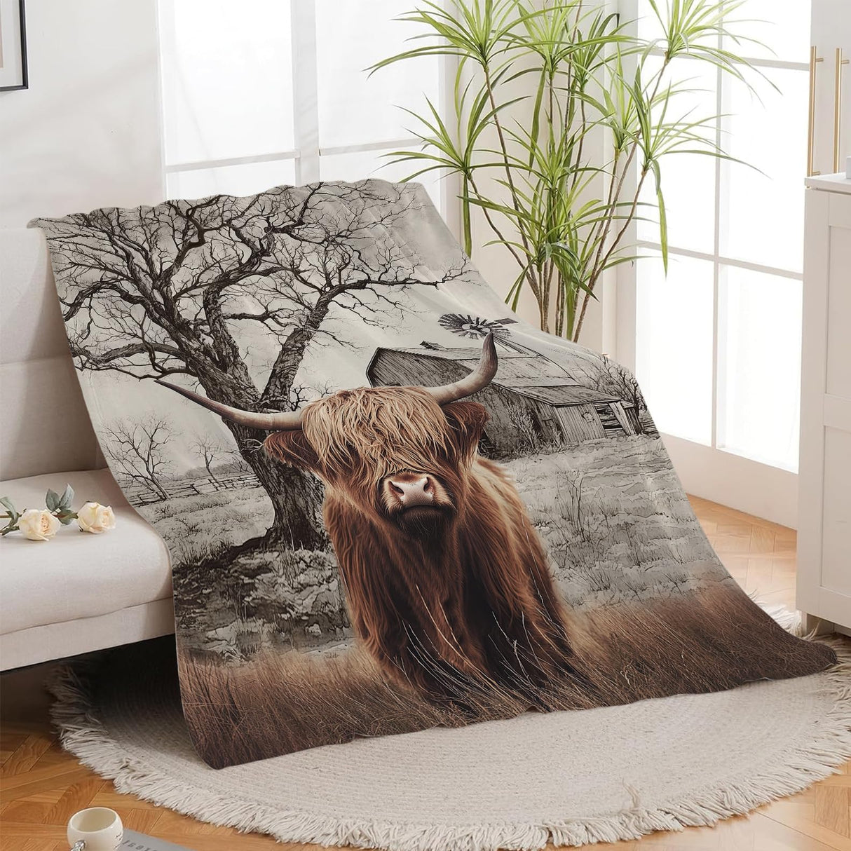 Highland Cow Blanket Highland Cow Throw Blankets Rustic Farmhouse Cattle Print Cozy Fleece Flannel Stuff Plush Lightweight Bedding Lover Gifts for Men Women Adults for Couch Sofa Bed Decor 40"X50" nanen