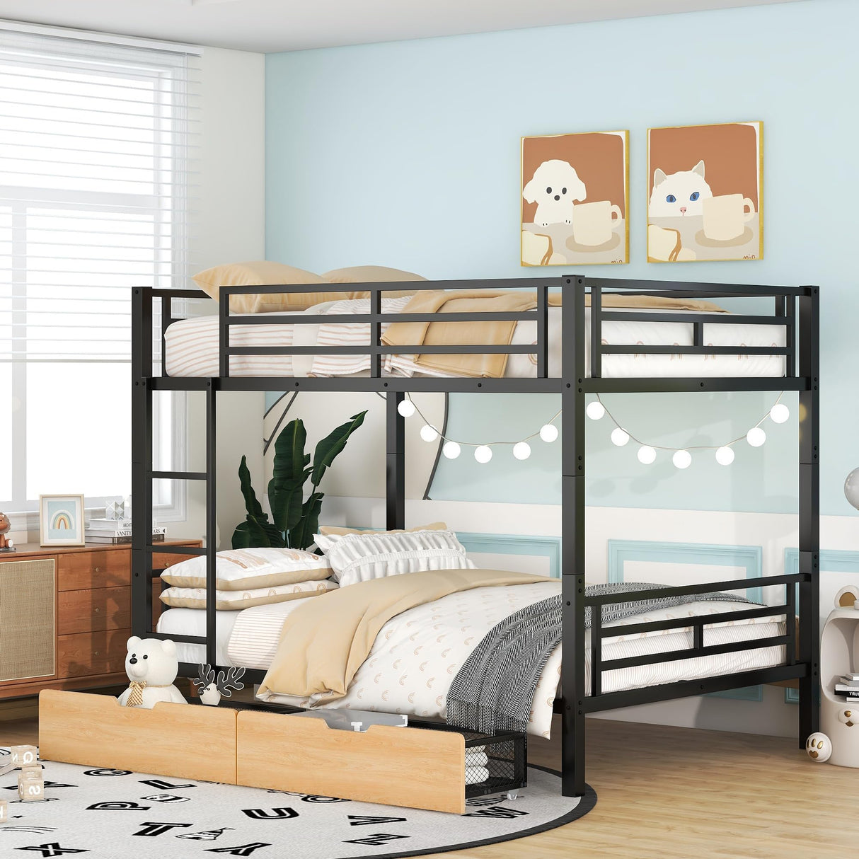 FAROUCHE Full Over Full Bunk Bed with 2 Drawers, Heavy Duty Metal Full Bed with Guardrail and Ladder, Can be Convertible to 2 Separated Beds, Noise Free, Space Saving Bunk Bed, Black FAROUCHE