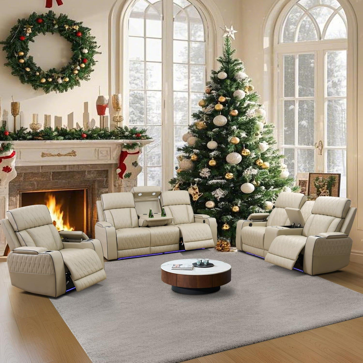 Ocstta Power Recliner Sofa Set with LED, Breathing Leather Living Room ...