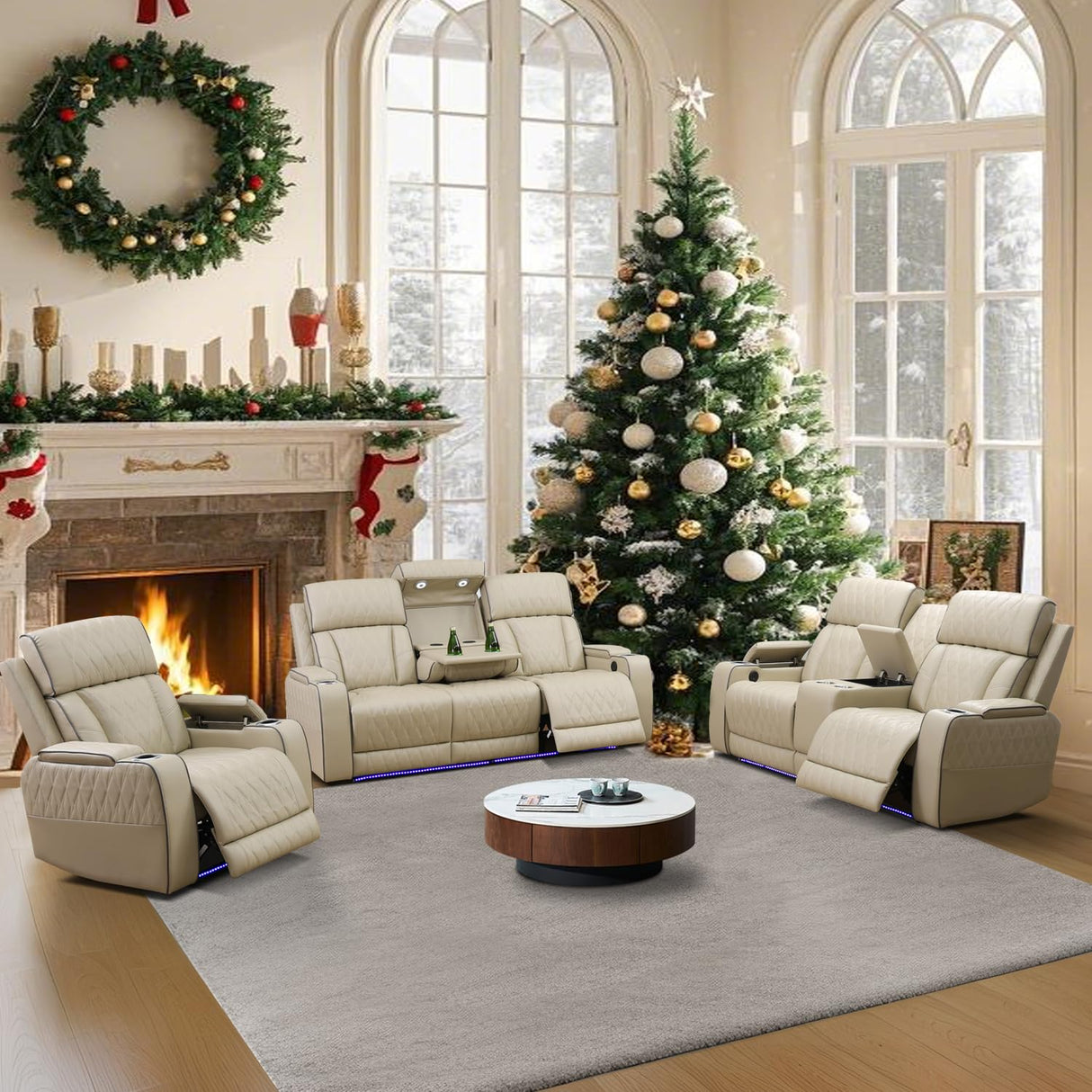 Ocstta Power Recliner Sofa Set with LED, Breathing Leather Living Room Furniture, Leather Couches Reclining Sofa with Cup Holders/Storage/USB Ports (3 Piece Living Room Set, Khaki) Ocstta