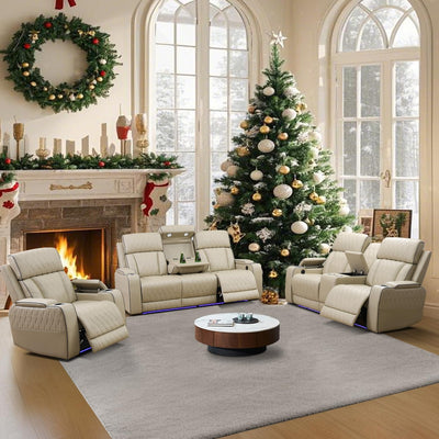 Ocstta Power Recliner Sofa Set with LED, Breathing Leather Living Room Furniture, Leather Couches Reclining Sofa with Cup Holders/Storage/USB Ports (3 Piece Living Room Set, Khaki)