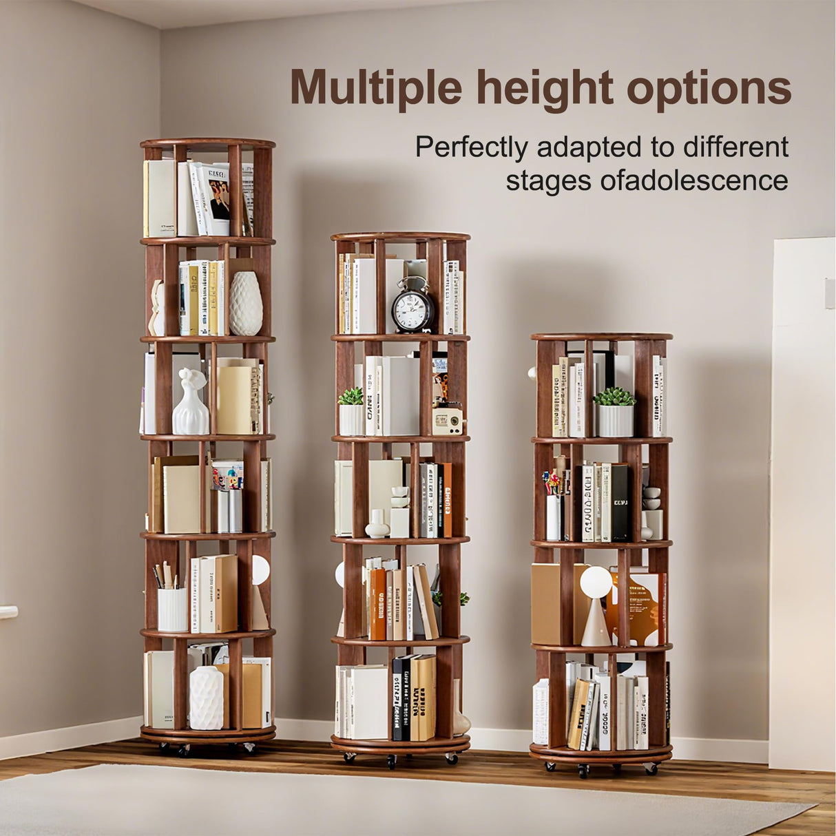 VireoNest 6 Tier Rotating Bookshelf, 100% Solid Wood Revolving Bookcase with Locking Wheels, 360° Spinning Bookshelf for Kids Room, Small Spaces, Corner Shelf for Bedroom, Office, Nursery, Walnut VireoNest
