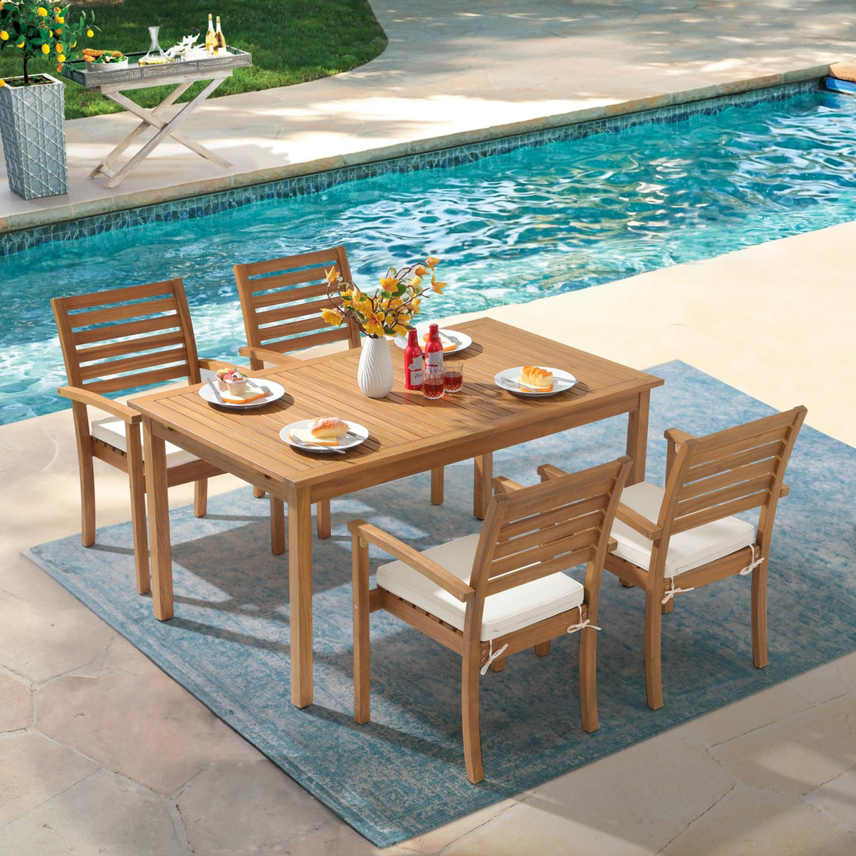 OC Orange-Casual 5 Piece Patio Dining Set, Outdoor Acacia Wood Furniture Set, Extendable Rectangular Solid Table and 4 Stackable Chairs for Lawn Backyard and Deck (Beige Cushion) OC Orange-Casual