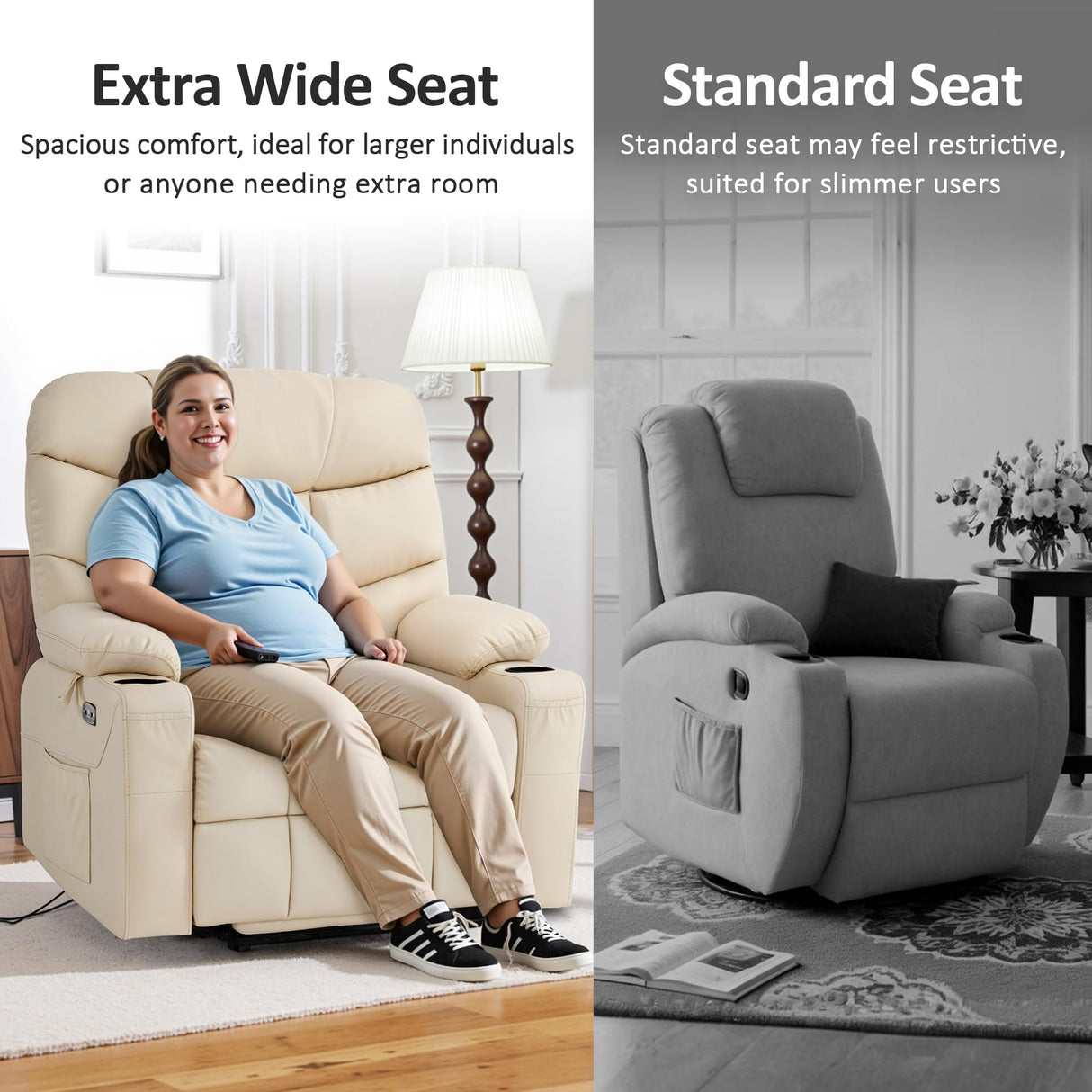 MCombo Oversized Power Lift Recliner Chair with Extended Footrest for Elderly People, Faux Leather R7289 (Cream White, Oversize) MCombo