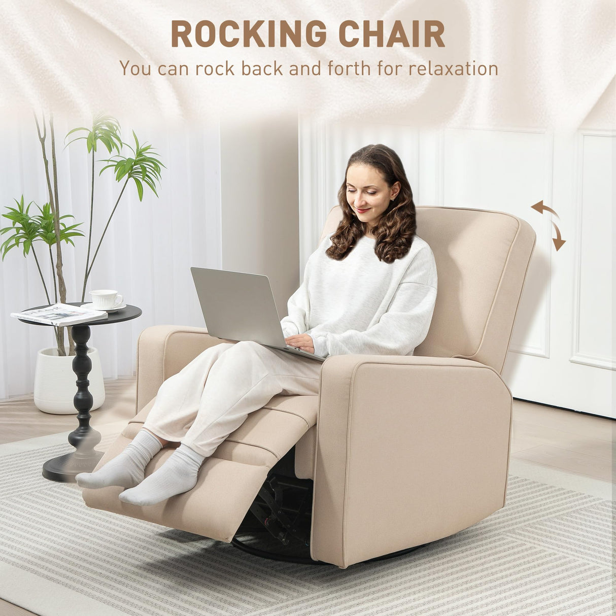 HOMCOM Manual Recliner Chair for Adults, Breathable Fabric Swivel Rocker Recliner with Thick Cushion and Footrest, Adjustable Single Sofa for Living Room, Beige HOMCOM
