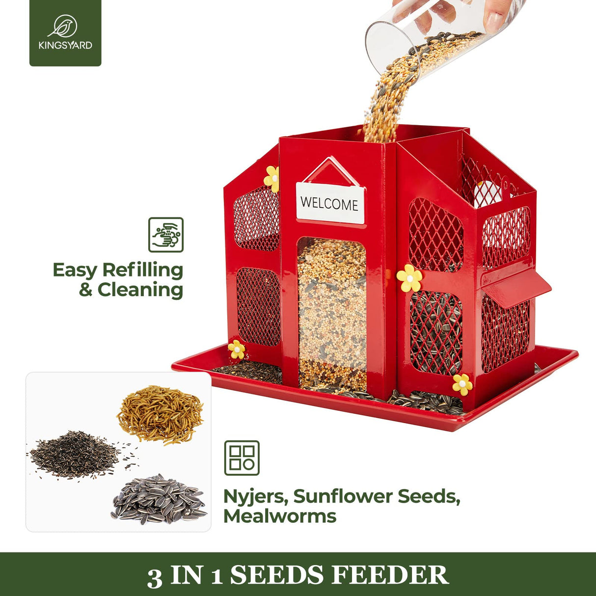 Kingsyard Wild Bird Feeder with Weatherproof Roof & Seed Tray, All Metal, Bird Seed Feeder Hanging for Garden Yard Outside Decoration, 4 lbs Large Capacity, Red Kingsyard