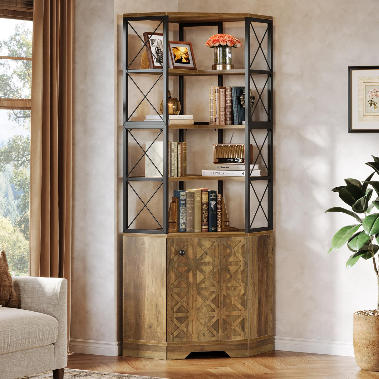 Tribesigns 76-Inch Tall Corner Cabinet, 7-Tier Industrial Corner Bookshelf Bookcase with Storage Rack, Freestanding Display Shelving Unit for Living Room, Kitchen, Home, Brown Tribesigns