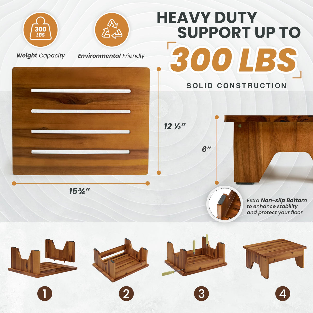 Holana 6" Acacia Wood One Step Stool for Adults - 300 Lbs Wooden Step Stools Heavy Duty for High Bed Riser, Bathroom, Bedroom - Small Stepping Stool for Elderly, Seniors, Kids, Handicap Use Indoor HOLANA