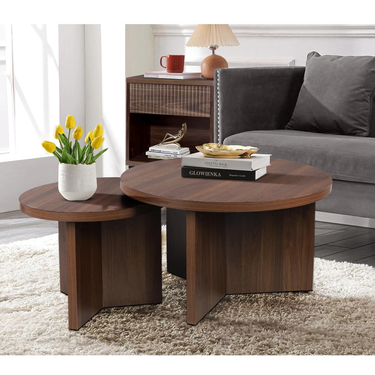 QuicMiou Farmhouse Round Coffee Table Set of 2, Modern Living Room Coffee Table Set, Wooden Nesting Tables for Living Room, Easy Assembly (Walnut) QuicMiou