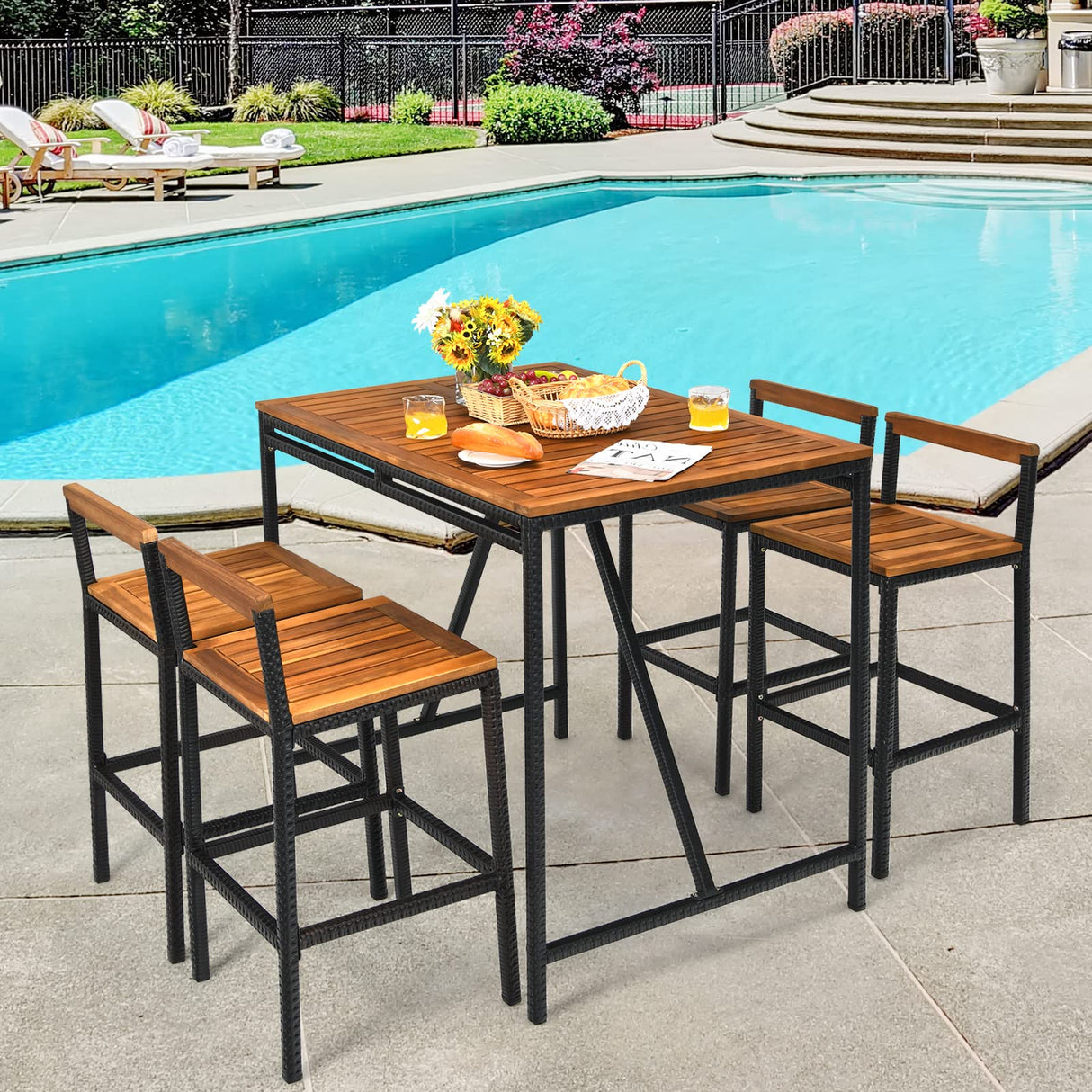 HAPPYGRILL 5-Piece Acacia Wood Outdoor Bar Set with Umbrella Hole and 4 Ergonomic Stools HAPPYGRILL