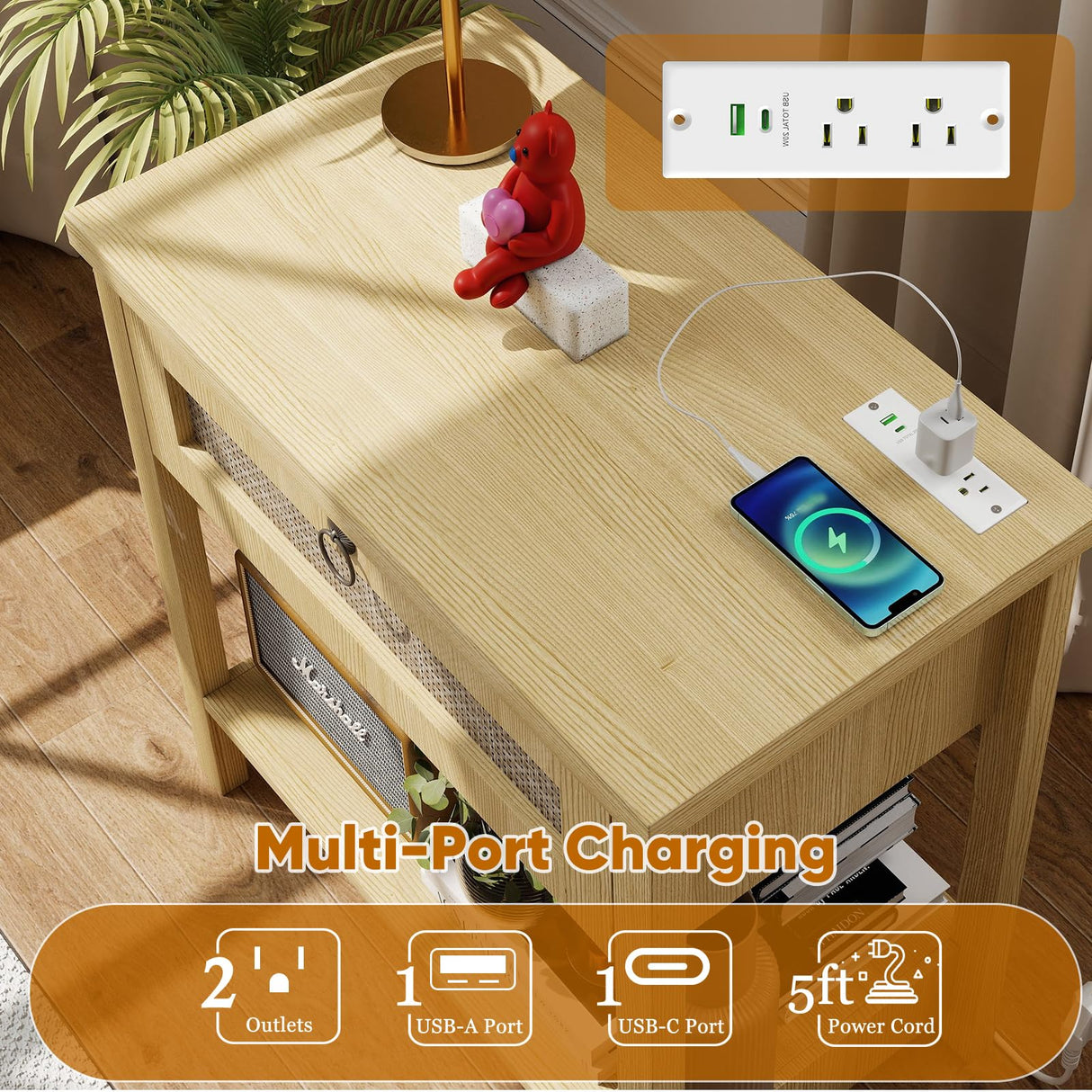 Large Night Stand Set of 2, Bedside Table with Drawers and Open Shelf, Farmhouse Bedroom Nightstand with Charging Station, 27.5" Wide Boho Rattan Side Table for Bedroom, Living Room Arbcoler