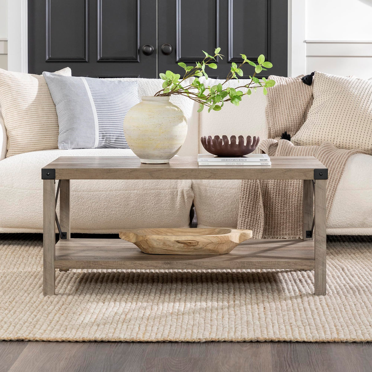 Walker Edison Sedalia Modern Farmhouse Metal X Coffee Table, 40 Inch, Grey Wash Walker Edison