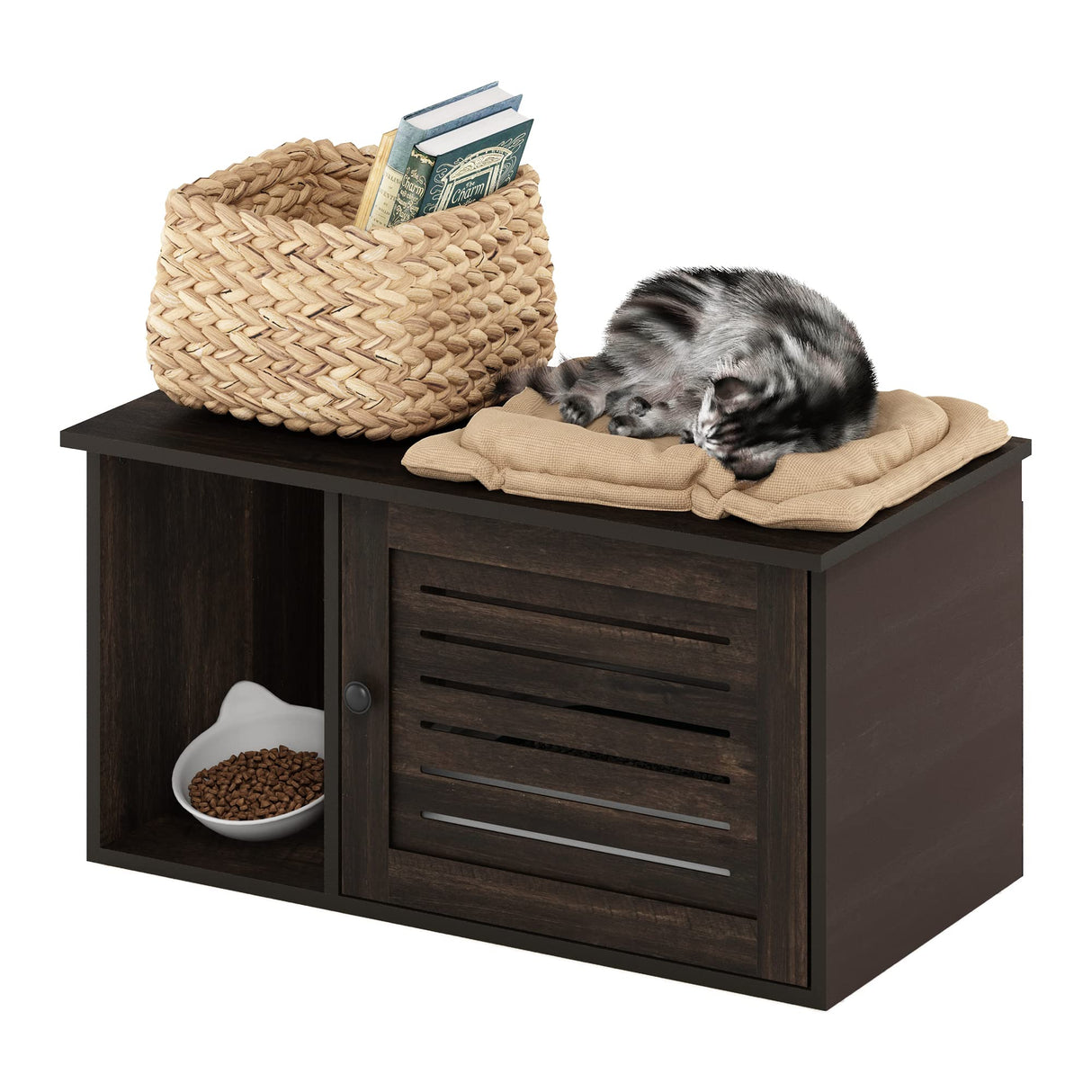 Furinno Peli Farmhouse Hidden Cat Litter Box with Divider, Ebony Furinno