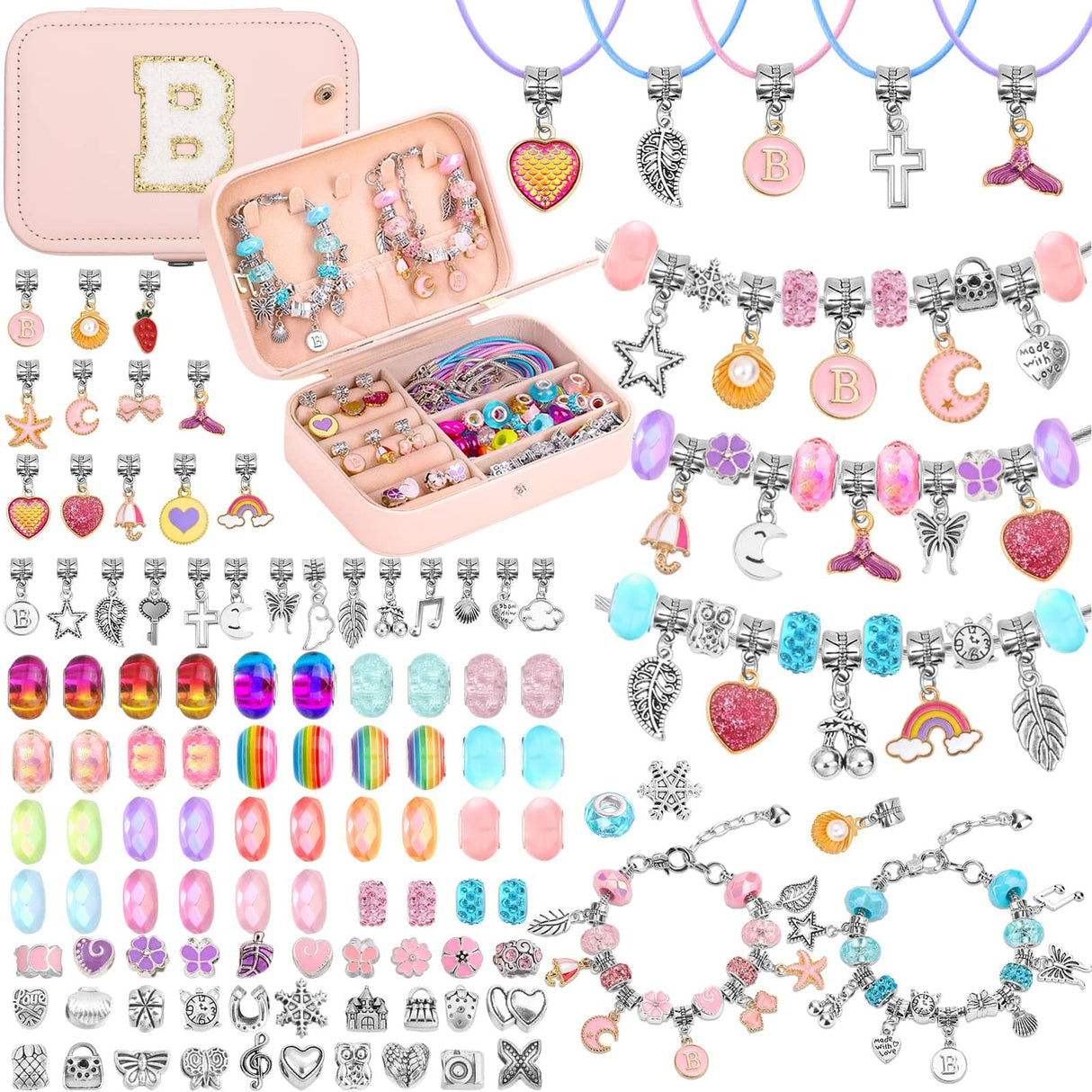 Girls Charm Bracelet Making Kit with Jewelry Box for Kids Charm Beads for Jewelry Making DIY Bracelet Craft Kit for Girls Age 8-12 Birthday Gifts Valentine Christmas Billbotk