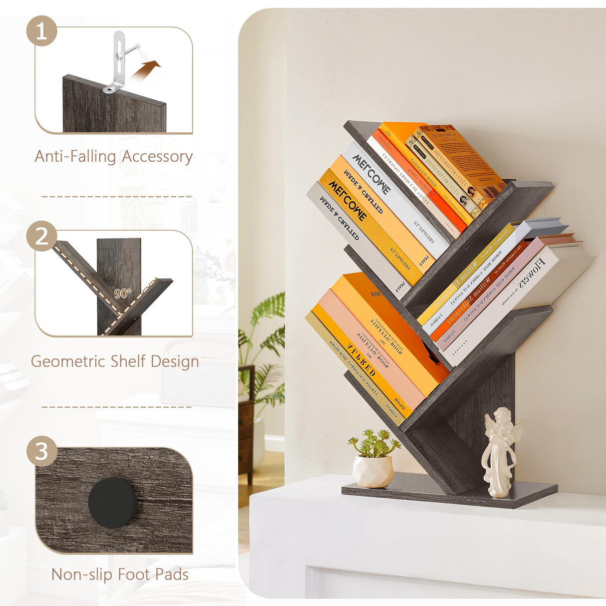 Hoctieon 4 Tier Tree Bookshelf, 4 Shelf Bookcase, Free Standing Tree Bookcase, Display Floor Standing Shelf for Books, Book Organizer Shelves for Home Office, Living Room, Bedroom, Grey Hoctieon