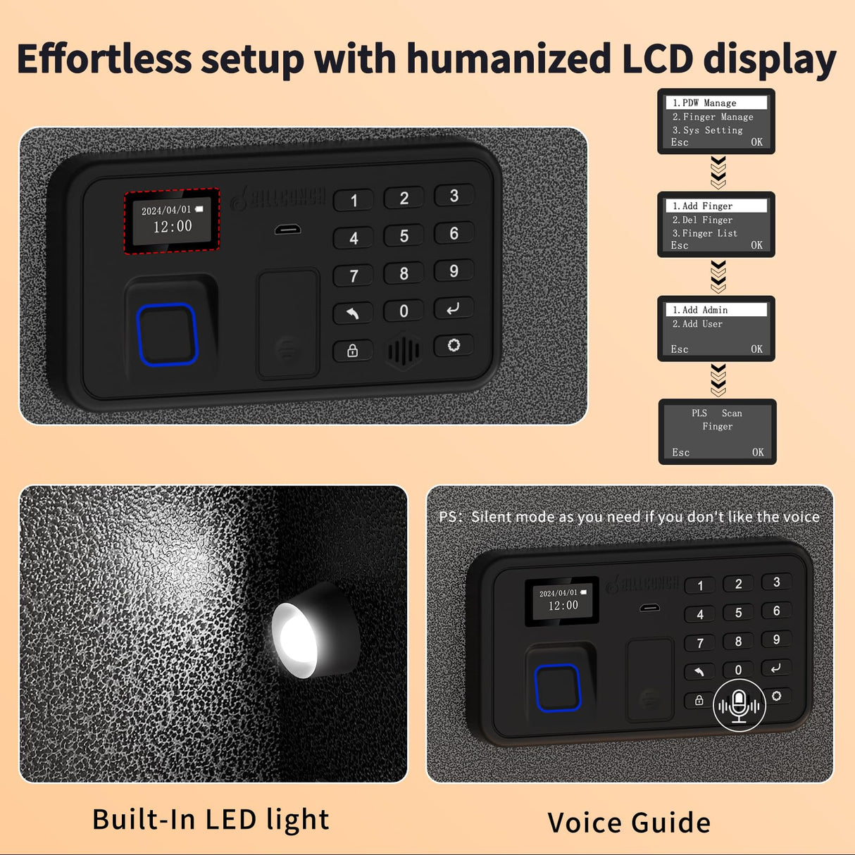 Billconch Smart Gun Safe for Multiple Pistols - Biometric Automatic Lock Safe Box with LCD Display/Voice Guide/Foldable Gun Racks, Quick Access Unlock with Fingerprint/Keypad/Key/App BILLCONCH