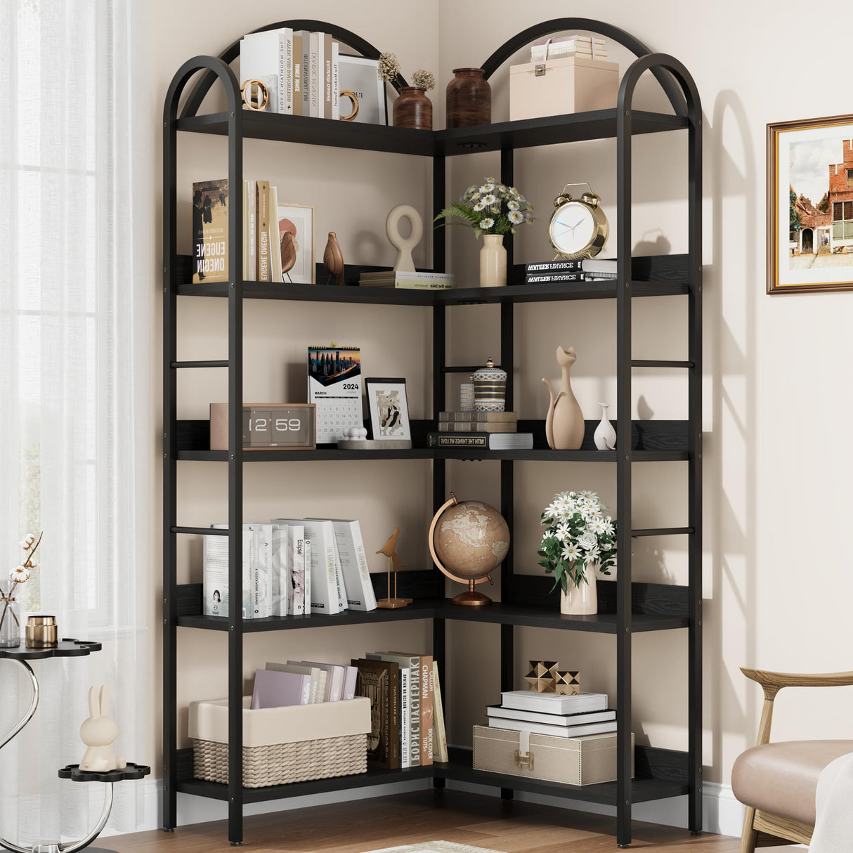 Loumernhant Arched Corner Bookshelf 68.5" Tall, Industrial Wood & Metal Bookcase for Home Office, 5-Tier Storage Shelf for Books/Toys/Decor Loumernhant