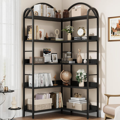 Loumernhant Arched Corner Bookshelf 68.5" Tall, Industrial Wood & Metal Bookcase for Home Office, 5-Tier Storage Shelf for Books/Toys/Decor